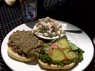 Jerk Chicken and PBR on the Buzzard Billy's patio.
