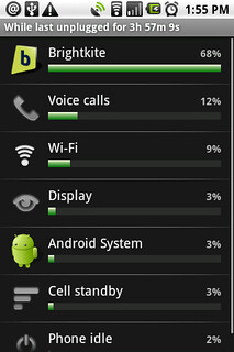 Tech - So I updated @brightkite on my android phone... check out the sweet new battery usage, haha.