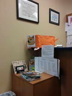 A doge at the eye doctor