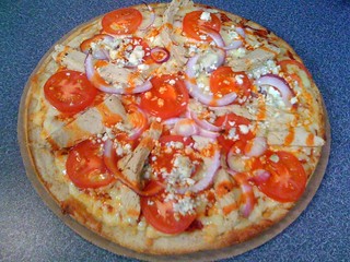 pizza - Archer farms frozen cheese pizza + Morningstar fake chicken strips + tomatoes + onions + franks +...
