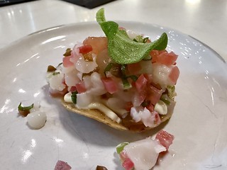 Scallop ceviche tostada with a freakin ice plant garnish. Paired with a Gumball Head