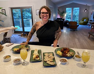 Korean chicken, buns, and a whole bunch of sides