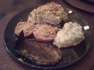 Homemade Fish, Tomatoes, Eggplant, and Potatoes at dad's