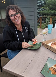 pizza - Fresh perm. Embarrassed girl.