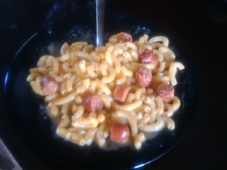 Mac, cheese, and cut up beef hotdogs. Yeaaaaah.
