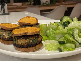 Made some tiny turkey burger sliders on some sweet potato "buns"