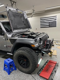 The best parts of working on a Jeep: the hood opens this far, you don't have to jack it up, and it's basically a lego.