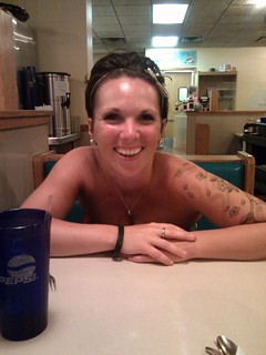 At the diner. Kari's naked.