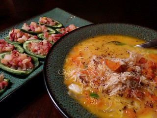 Home cookin. Crab bisque n bacon shrimp poppers.