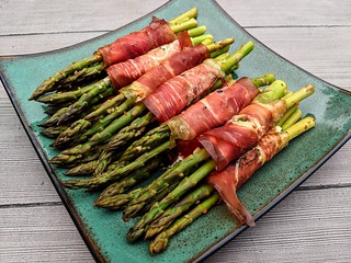 Smoked, prosciutto wrapped asparagus