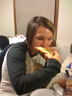 Kari eating her first veggie chicago dog