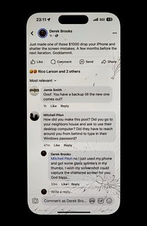 Broken - Shattered screen. I blame these new fake leather Apple cases… or maybe a pebble.