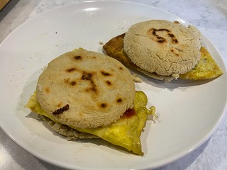 Covid-19 - My first breakfast arepas. Not really that great. V dense. I think I used the wrong kind of flour.