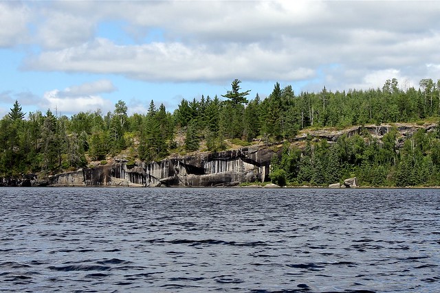 A crazy striped rock face on Makwa Lake