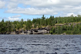 A crazy striped rock face on Makwa Lake