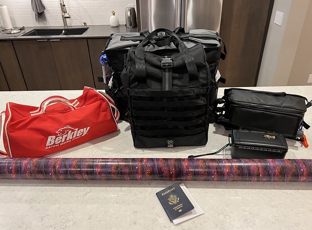 Cameras, clothes, and fishing gear packed. Ready to head North