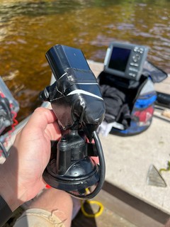 Jim lost the suction cup for his sonar transducer... we improvised with my RAM suction + gopro mount