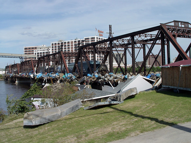 Debris hung up on a train bridge