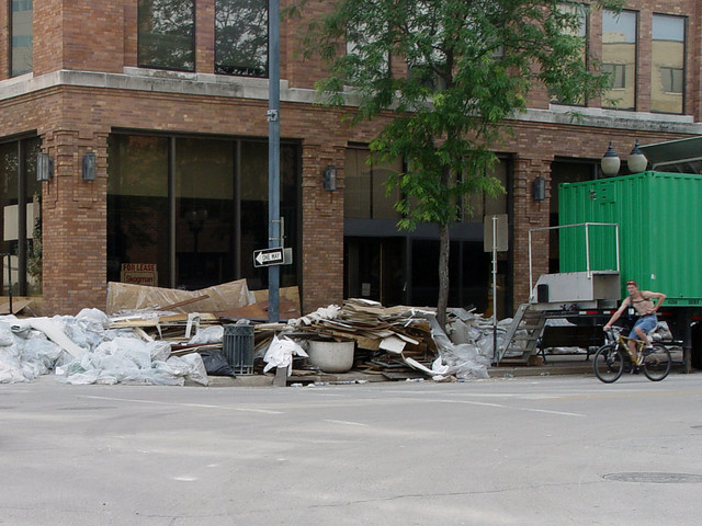 Gutted buildings and trash everywhere.