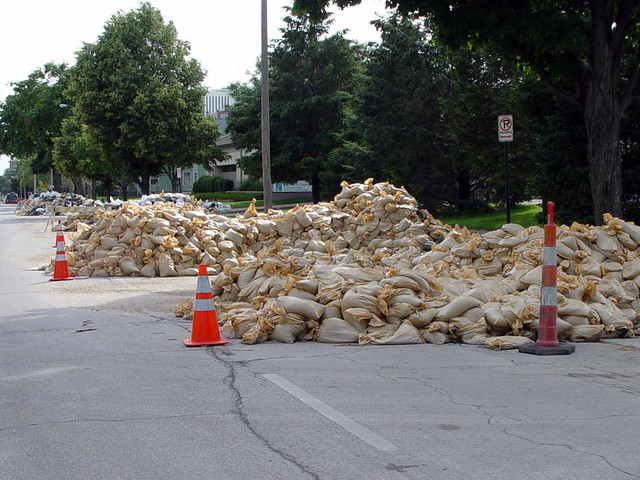 Piles of used sandbags all over the place.