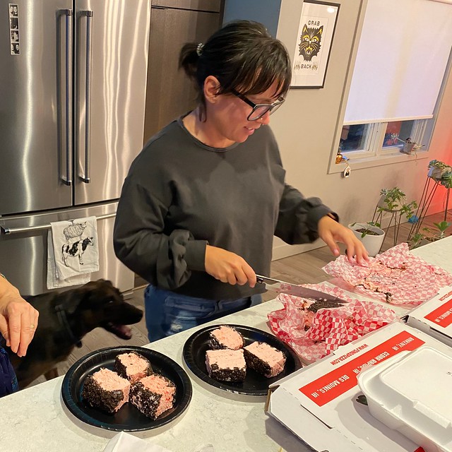 Cuttin up some Bauder's Ice Cream sandwiches