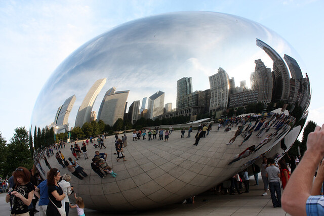 Skyline reflection in the Cloud Gate "Bean" at Millenium Park