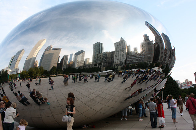Skyline reflection in the Cloud Gate "Bean" at Millenium Park