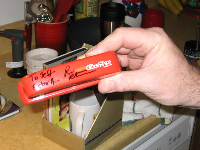 The red stapler from Office Space signed by Ron Livingston