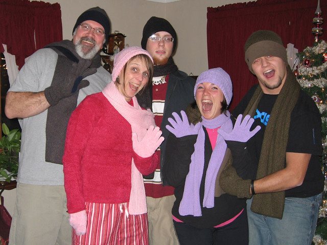 Every year Santa brings us at least 1 gift that is the same between the whole family.  This year: scarves, hats, and gloves