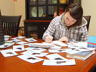 Kari filling out our dumb Christmas cards