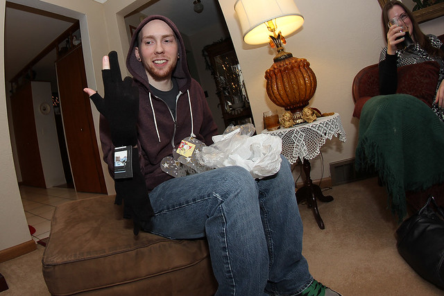 Vic's middle finger, fingerless gloves