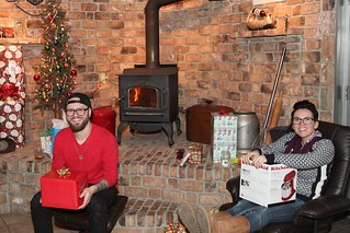 Derek Brooks and Kari Brooks - Exchanging gifts at the shop