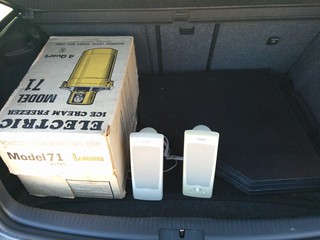 Goodwill stuffs. ice cream maker. computer speakers. poker table