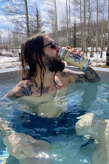 Enjoying some Jackass Hill beer in the hot tub