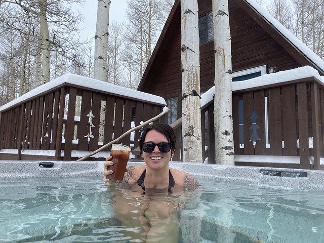 Snow + hot tub + bloody mary... Kari is in her happy place