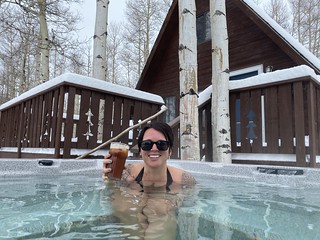 Covid-19 - Snow + hot tub + bloody mary... Kari is in her happy place