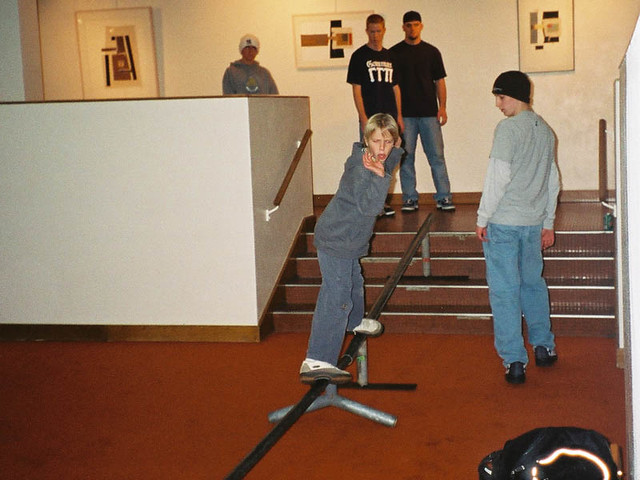 Gabe slidding down the stairs