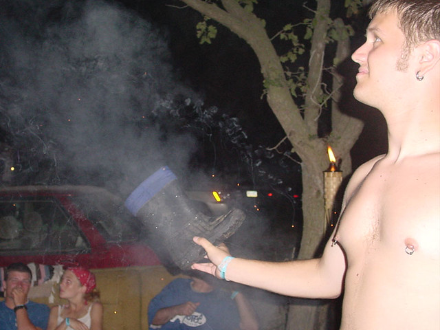 Shooting bottle rockets out of the boot