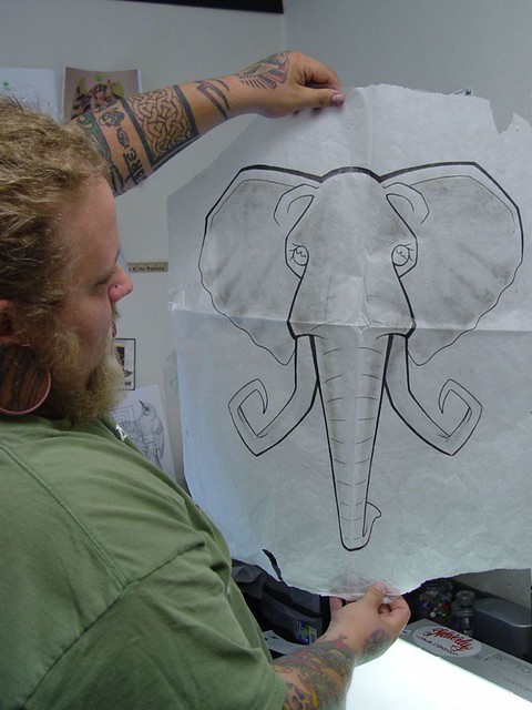 Budha's giant elephant backpiece drawing - the reason I chose him as my artist