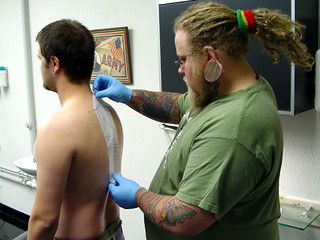 Tattoo - Starting to put the stencil on