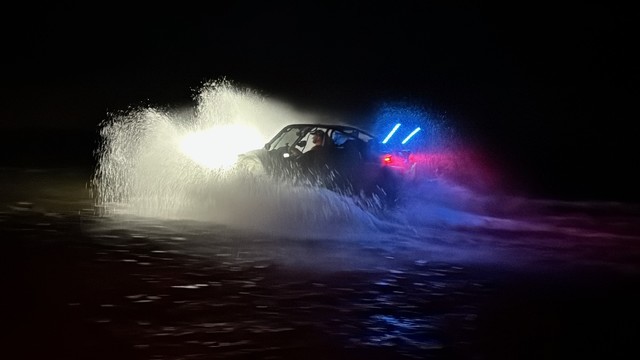 Spencer comes flying through the river