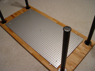 2 x 4 foot piece of peg board mounted to the bottom of my desk with 5 brackets