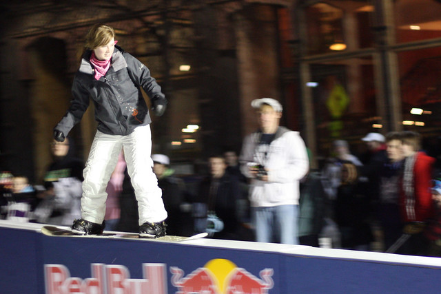 Chick Sliding the Red Bull Box