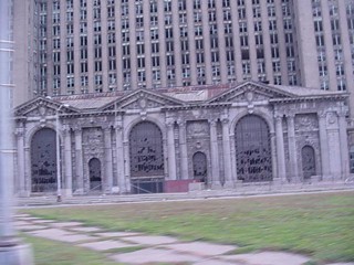 Busted out windows at the Michigan Central Station