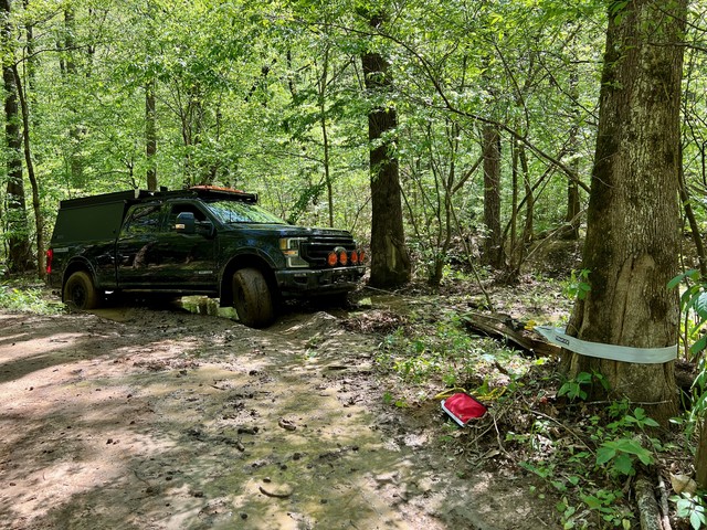 Winching the super duty around the corner