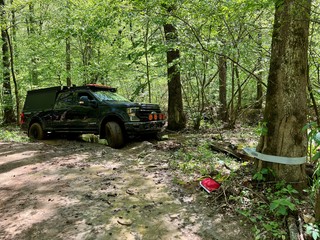 Winching the super duty around the corner