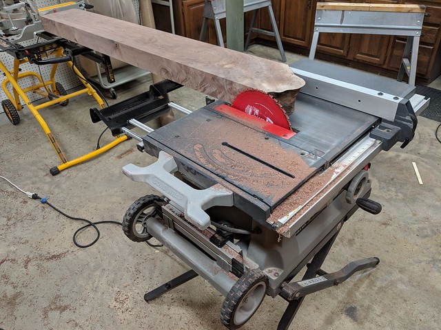 Ripping down a 3.25" thick, 50lb hunk of walnut on a contractor saw by myself felt a little sketchy...