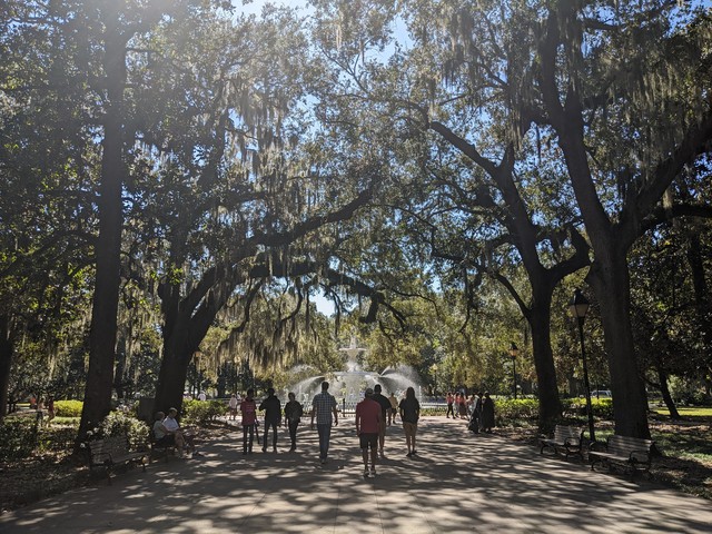 Dudes walking through Forsyth Park
