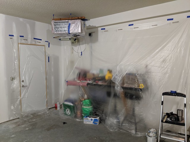 Taped up and ready for a fresh coat of bright white paint on the ceiling