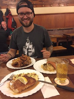 Pork knuckles. Frankfurters. Schnitzels. Apple wine.